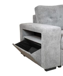 DIVANO LETTO CON PENISOLA A DESTRA BELLAHOME "GAIA" TESSUTO GRIGIO CON POUF E CONTENITORI, 254X83/194X88 CM